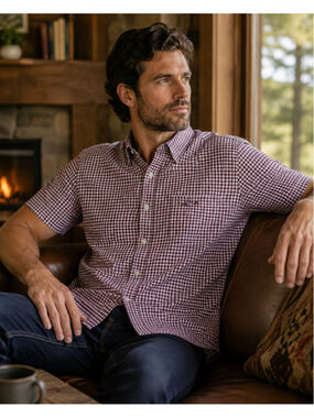 Men's Greg Norman Casual Button Down Shirt M Brown/ burgundy Gingham Summer